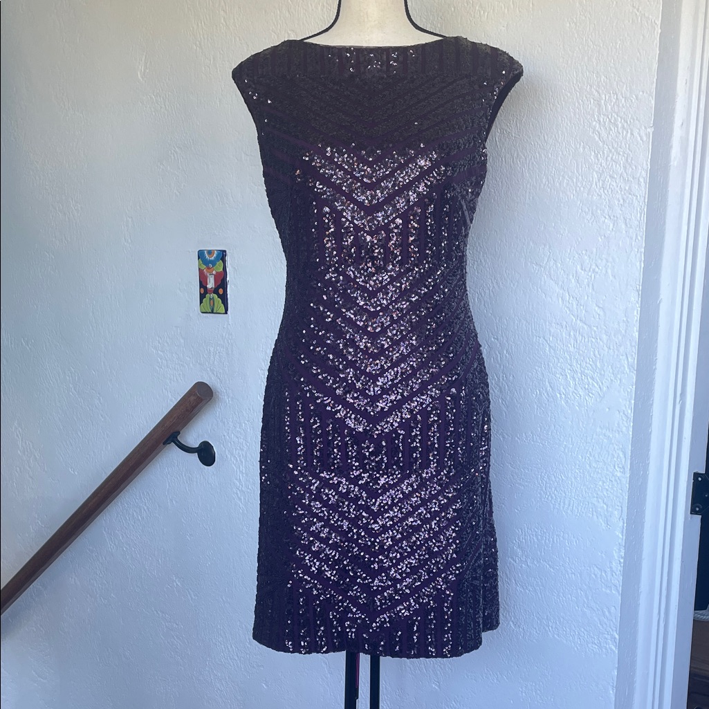 Ralph Lauren Nwt Elegant Chevron Purple Sequin Cocktail Knee Length Dress Size 6